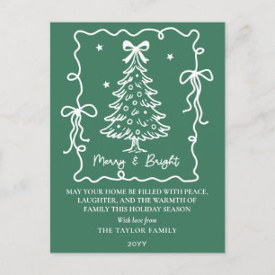 Dark Green Merry & Bright White Hand Drawn Tree Holiday Postcard