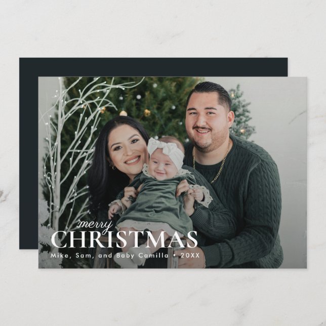 Dark Green Minimal First Christmas Family Photo  Holiday Card (Front/Back)