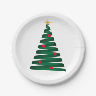 Dark Green "Mod" Graphic Style Christmas Tree Paper Plate