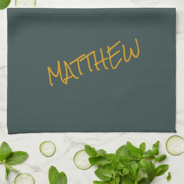 Dark green modern gold lettering script tea towel (Folded)