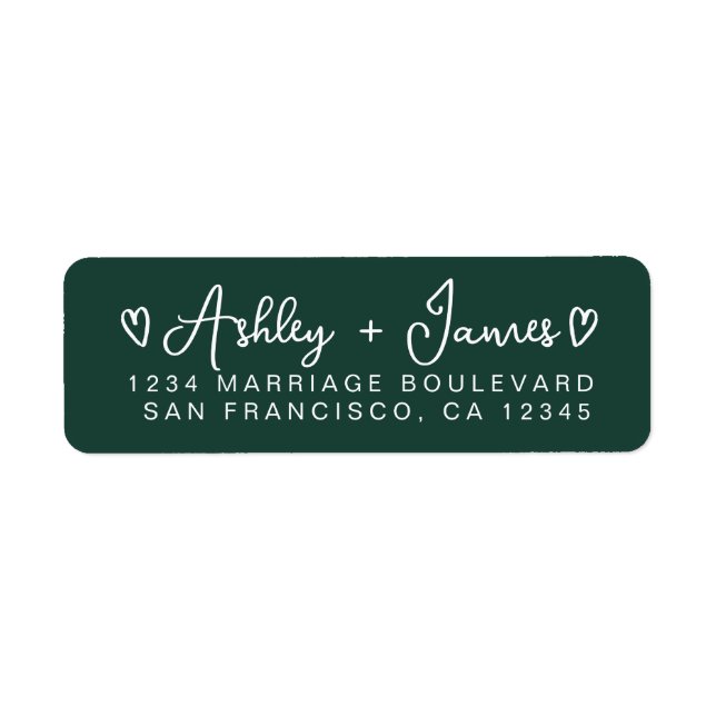 Dark Green Modern Script Hearts Return Address Label (Front)