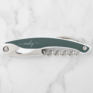 Dark Green Modern Script Monogram Name Corkscrew