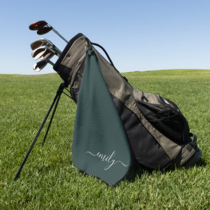 Dark Green Modern Script Monogram Name Golf Towel