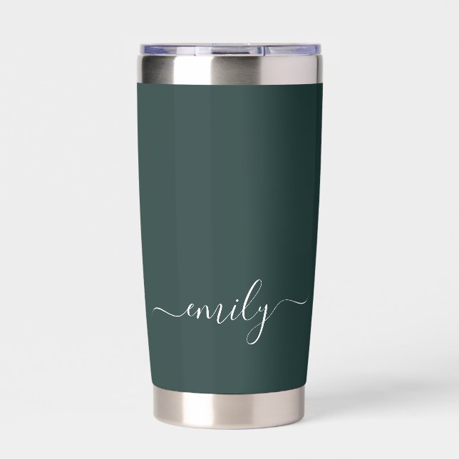 Dark Green Modern Script Monogram Name Insulated Tumbler (Front)