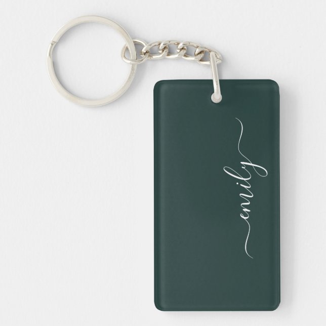 Dark Green Modern Script Monogram Name Key Ring (Front)
