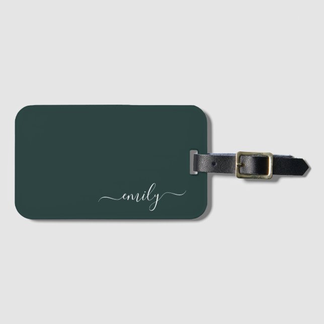 Dark Green Modern Script Monogram Name Luggage Tag (Front Horizontal)