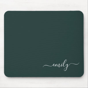 Dark Green Modern Script Monogram Name Mouse Pad