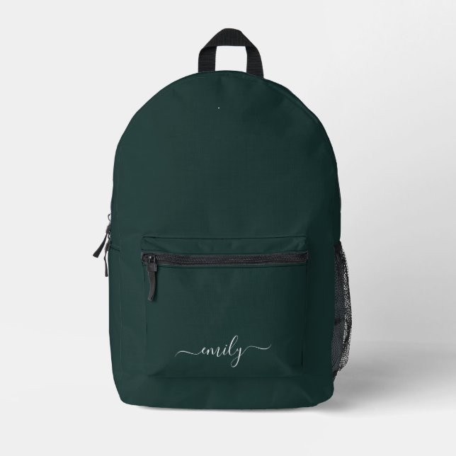 Dark Green Modern Script Monogram Name Printed Backpack (Front)