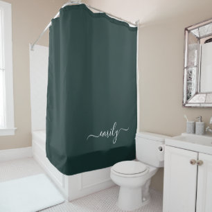 Dark Green Modern Script Monogram Name Shower Curtain