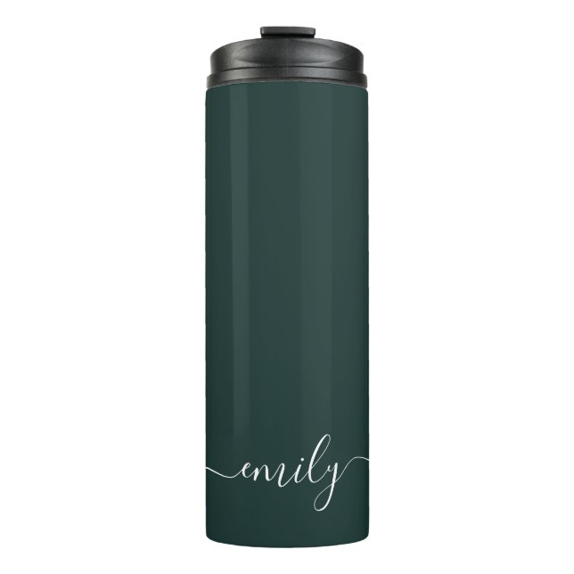 Dark Green Modern Script Monogram Name Thermal Tumbler (Front)