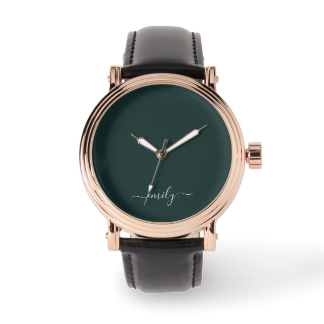 Dark Green Modern Script Monogram Name Watch (Front)