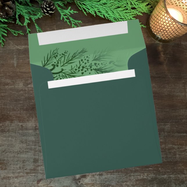Dark Green Modern Simple Unique Greenery Christmas Envelope (Dark green pine evergreen sage Christmas holiday envelope with unique original botanical greenery)