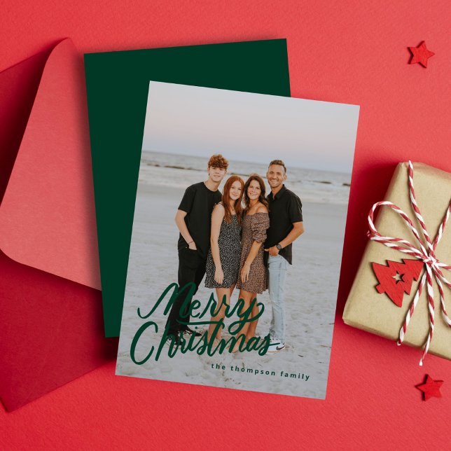 Dark Green Modern Trendy Merry Christmas Photo Holiday Card (Creator Uploaded)