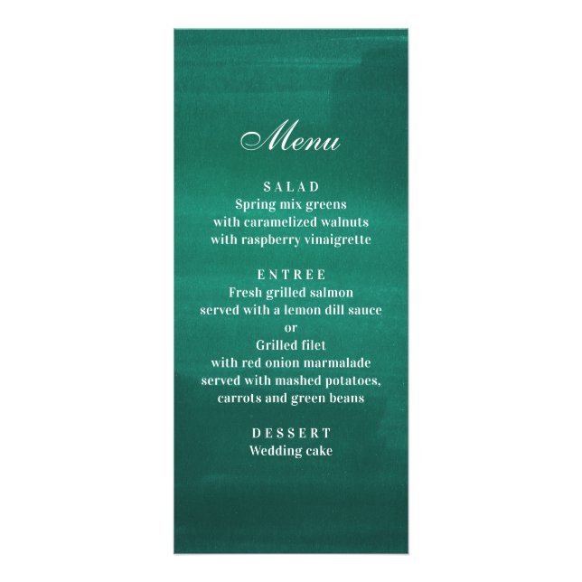 Dark green modern wedding dinner. Emerald menu (Front)