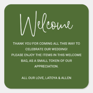 Dark Green Modern Wedding Welcome Gift Bag Basket Square Sticker