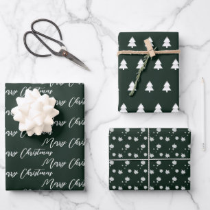 Dark Green & Modern White Christmas Tree  Wrapping Paper Sheet