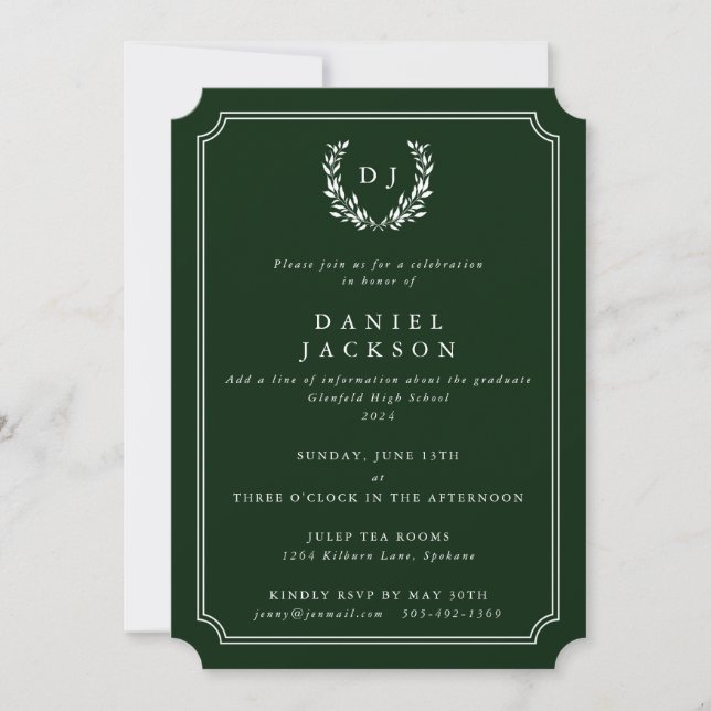 Dark Green Monogram Laurel Wreath Graduation Invitation (Front)