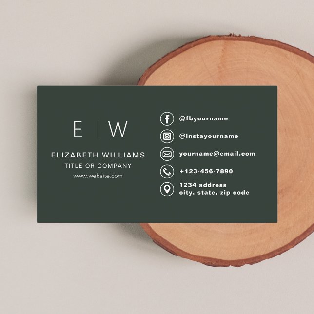 Dark Green Monogram Minimalist Social Media Icons Business Card (Creator Uploaded)