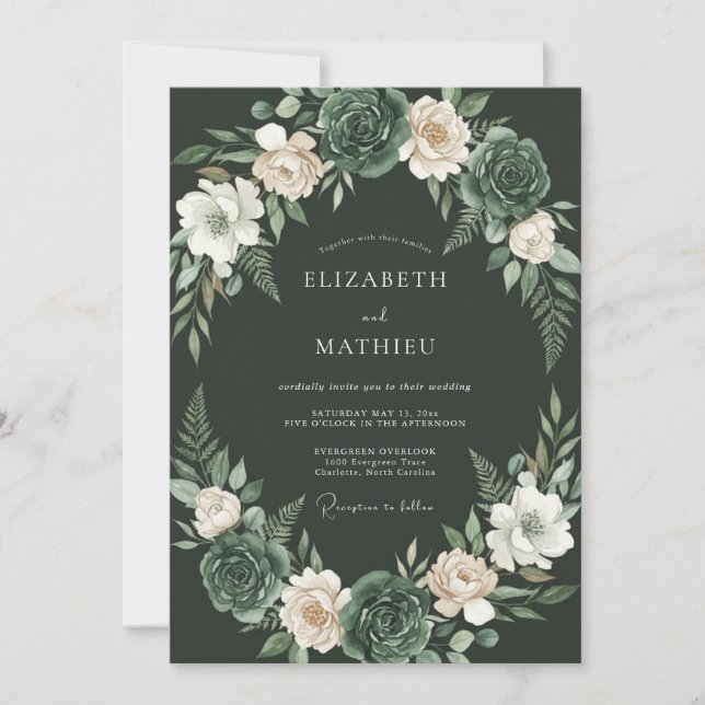 Dark Green Moody Botanical Wedding Invitation (Front)