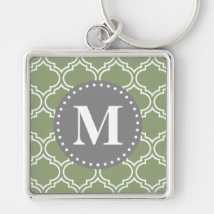 Dark Green Moroccan Lattice Pattern Monogram Key Ring