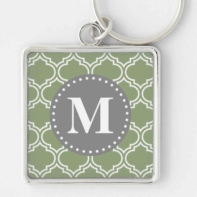 Dark Green Moroccan Lattice Pattern Monogram Key Ring (Front)