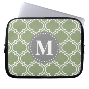 Dark Green Moroccan Lattice Pattern Monogram Laptop Sleeve