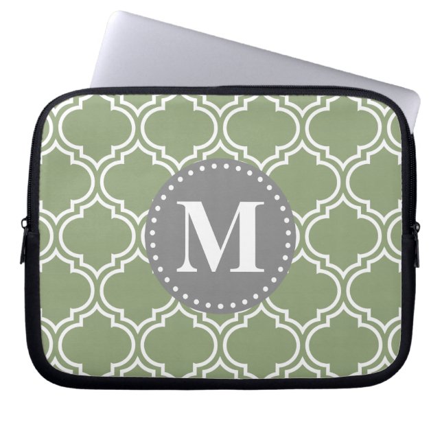 Dark Green Moroccan Lattice Pattern Monogram Laptop Sleeve (Front)