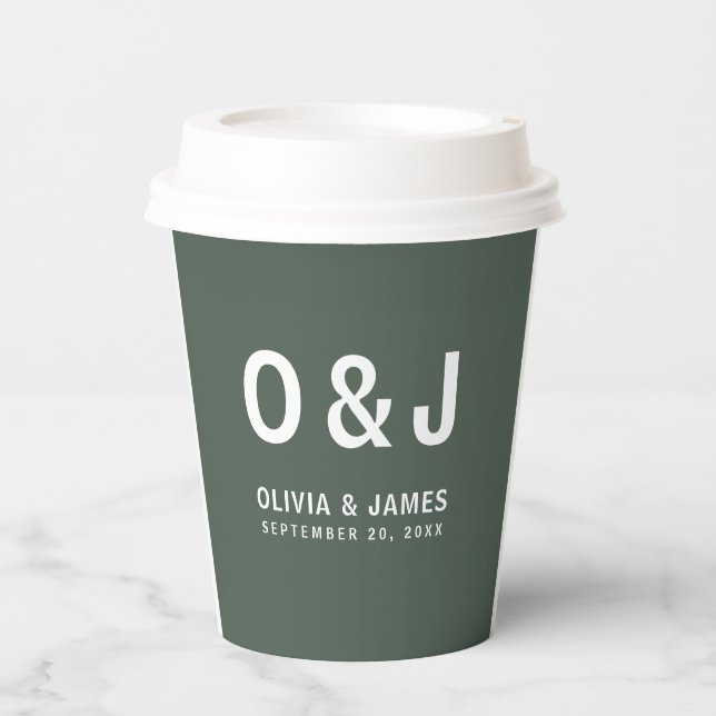 Dark Green | Moss Minimalist Modern Scandi Wedding Paper Cups (Front)