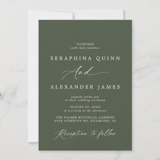 Dark Green Moss | Simple Script Formal Wedding Invitation (Front)