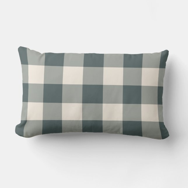 Dark Green Off-White Gingham Pattern Chequered Lumbar Cushion (Front)