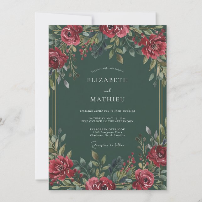 Dark Green Opulent Winter Wedding Invitation (Front)