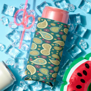 Dark green paisley pattern seltzer can cooler
