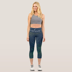 Dark green palms leaves pattern capri leggings