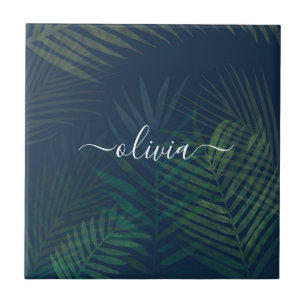 Dark green palms leaves pattern ceramic tile