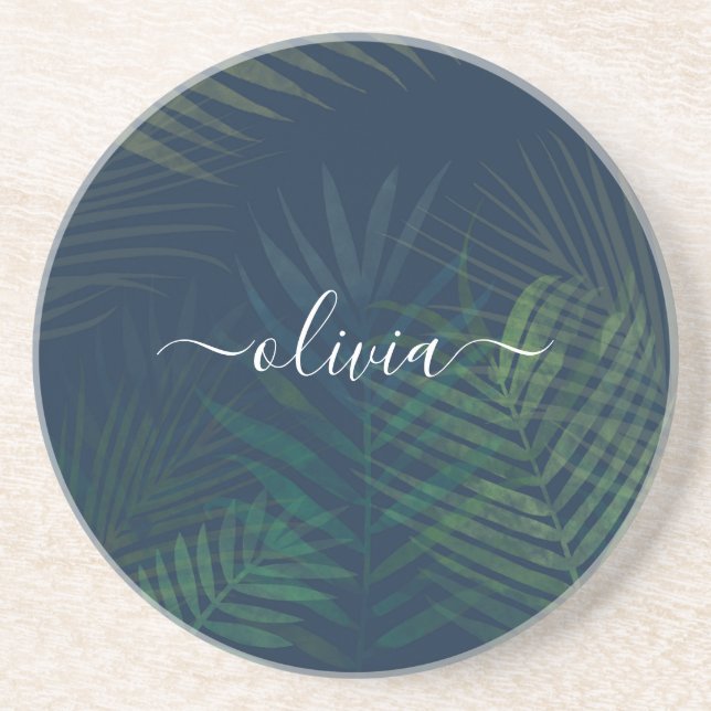 Dark green palms leaves pattern coaster (Front)