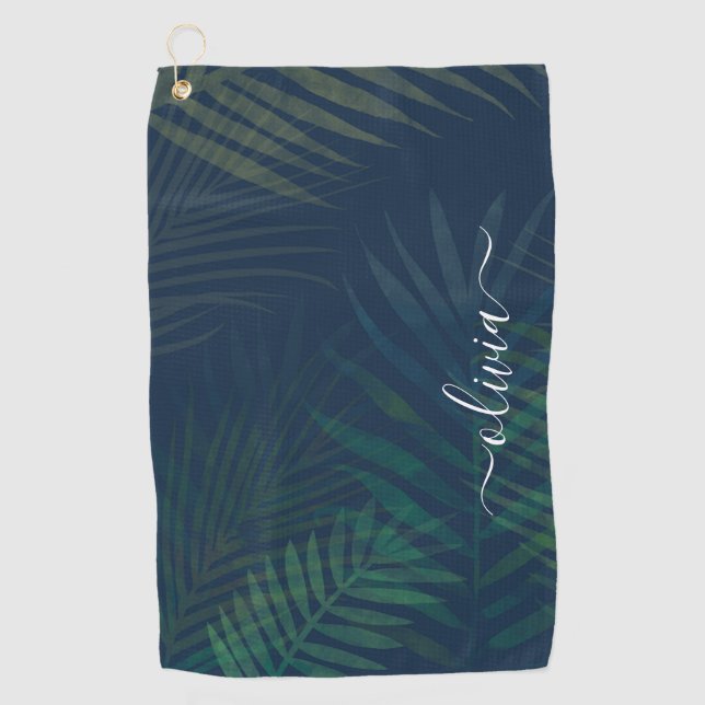 Dark green palms leaves pattern golf towel (Front)
