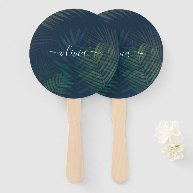 Dark green palms leaves pattern hand fan (Front and Back)