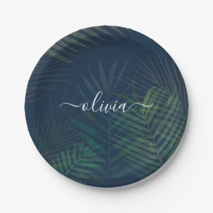 Dark green palms leaves pattern paper plate
