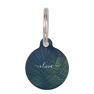 Dark green palms leaves pattern pet tag