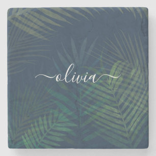 Dark green palms leaves pattern stone coaster
