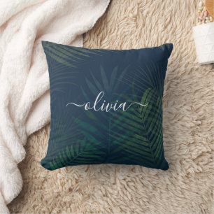 Dark Green Palms Leaves Pattern Throw Pillow 