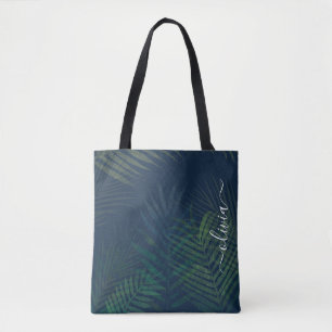 Dark green palms leaves pattern tote bag