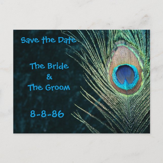 Dark Green Peacock Feathers Save the Date Announcement Postcard (Front)