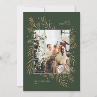 Dark Green Photo Christmas Family Holiday gold Invitation