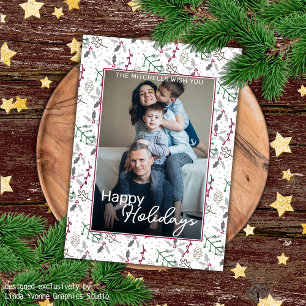 Dark Green Pine Needles Red Holly Berries Pattern Card