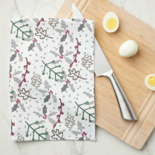 Dark Green Pine Needles Red Holly Berries Pattern Tea Towel