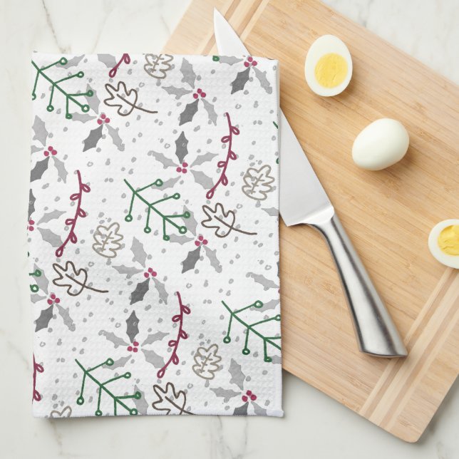 Dark Green Pine Needles Red Holly Berries Pattern Tea Towel (Quarter Fold)