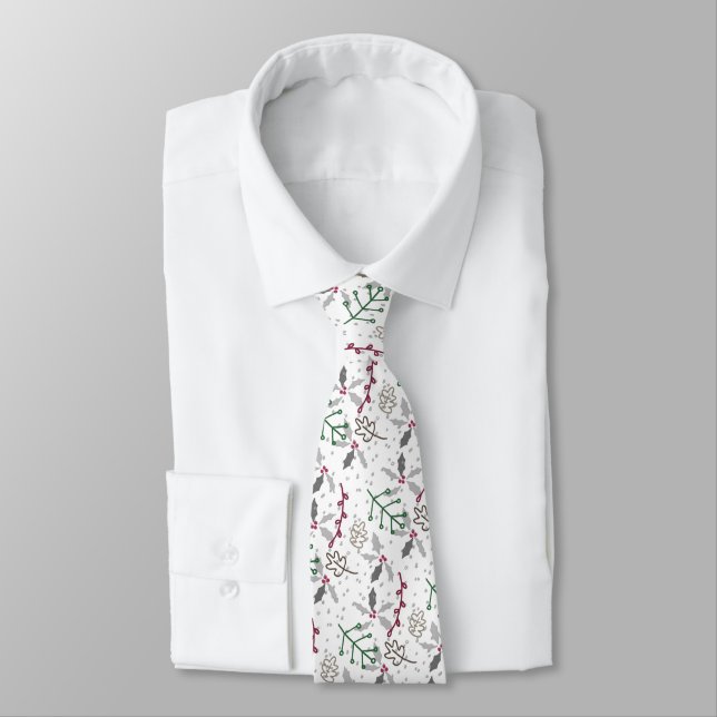 Dark Green Pine Needles Red Holly Berries Pattern Tie (Tied)