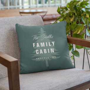 Dark Green Pine Tree Family Cabin Custom Name Cushion