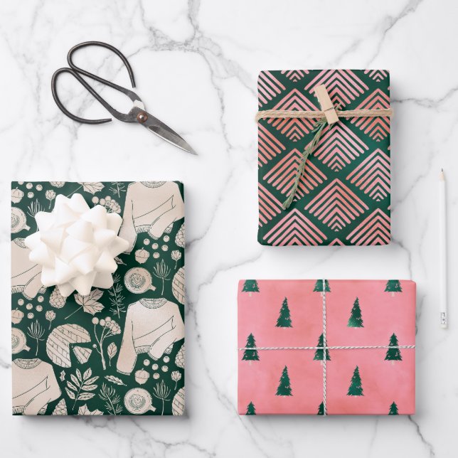 Dark Green & Pink Chic Holiday Wrapping Paper Sheet (Front)